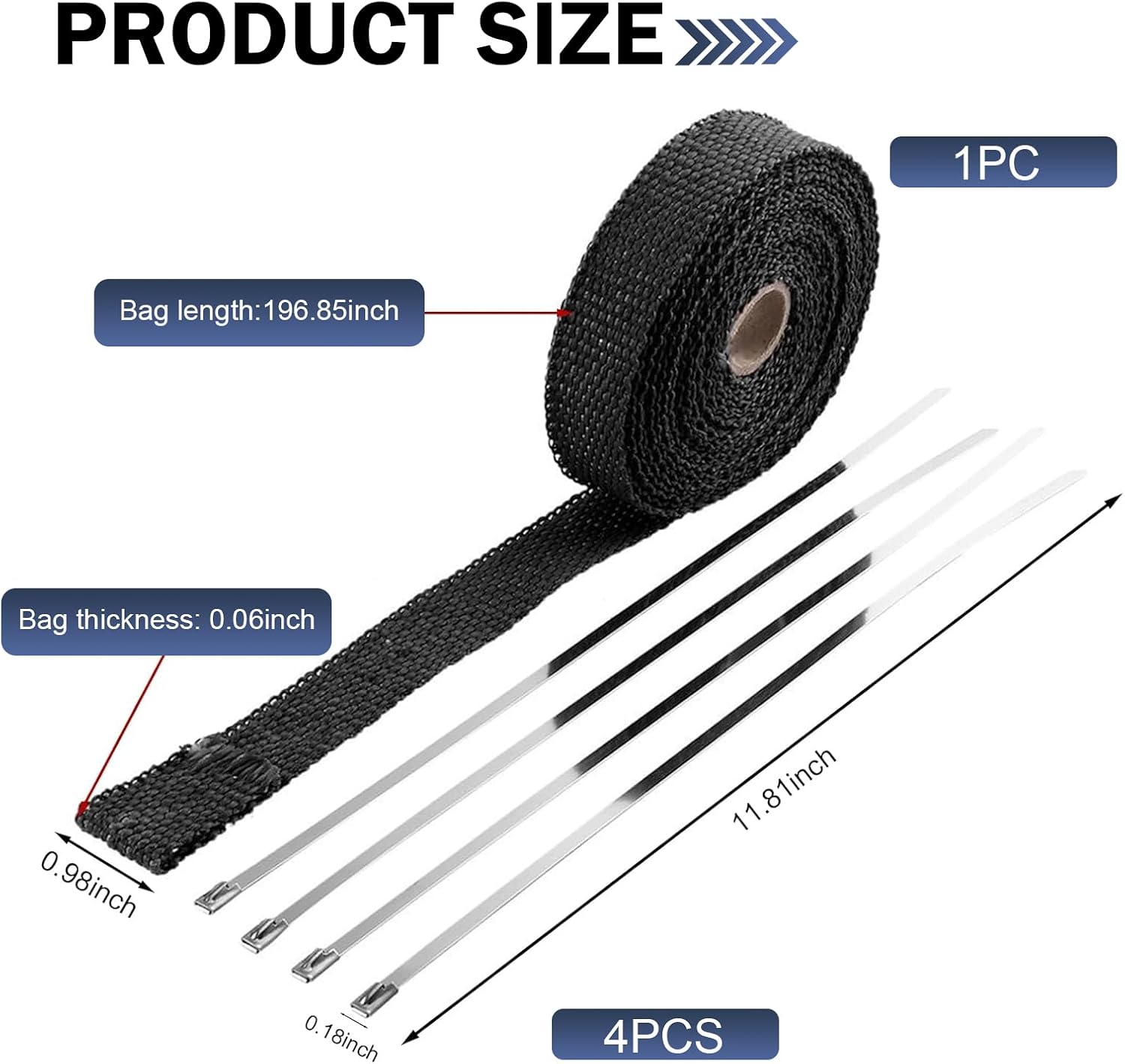 Car Exhaust Heat Wrap, 196" Motorcycle Fiberglass Heat Resistant Fabric Shield Tape, Fiber Heat Insulation Tape, Universal Cuttable Protective Modification (Black)
