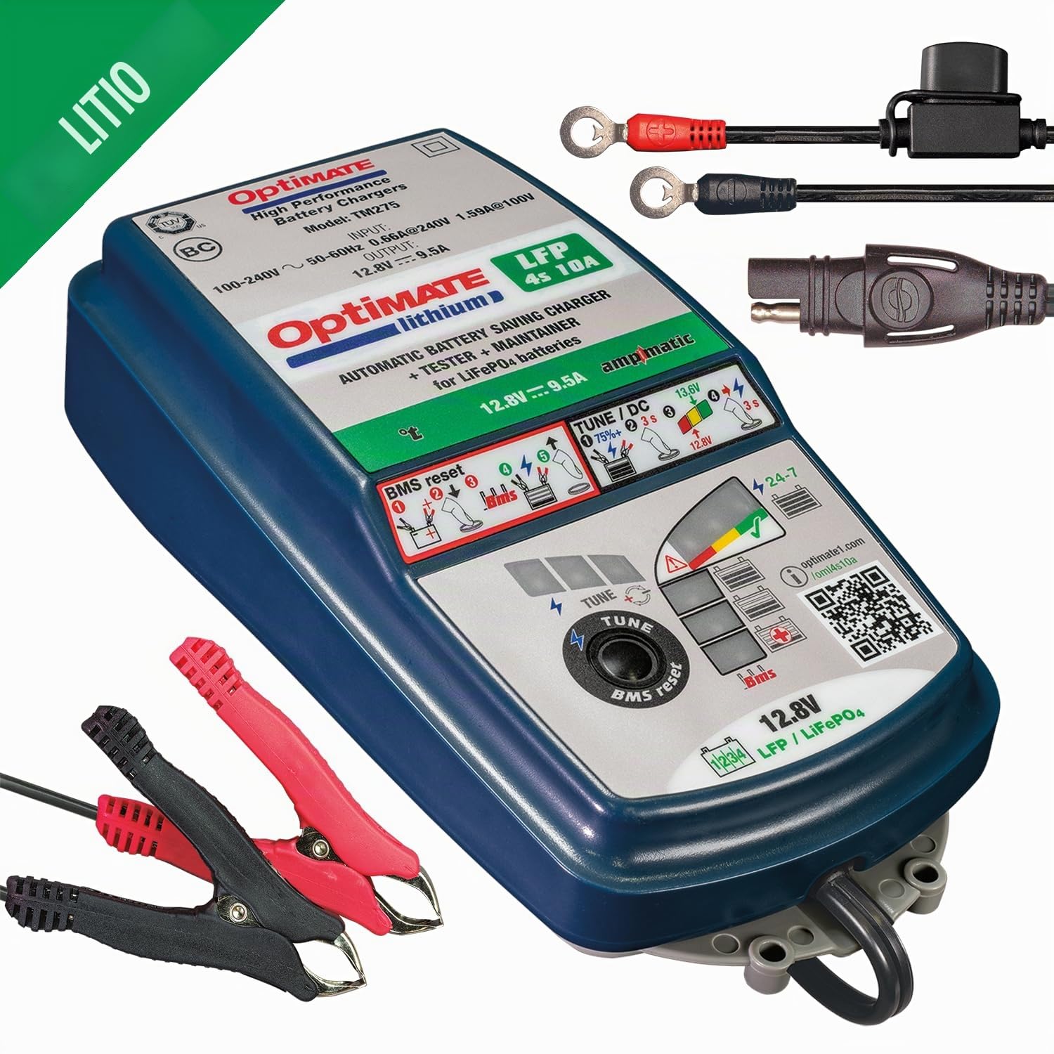 TecMate OptiMate Lithium 4s 10A, TM-274, Cargador-mantenedor con Modo de recuperación para baterías Selladas de 12.8V y 10A en 10 Fases