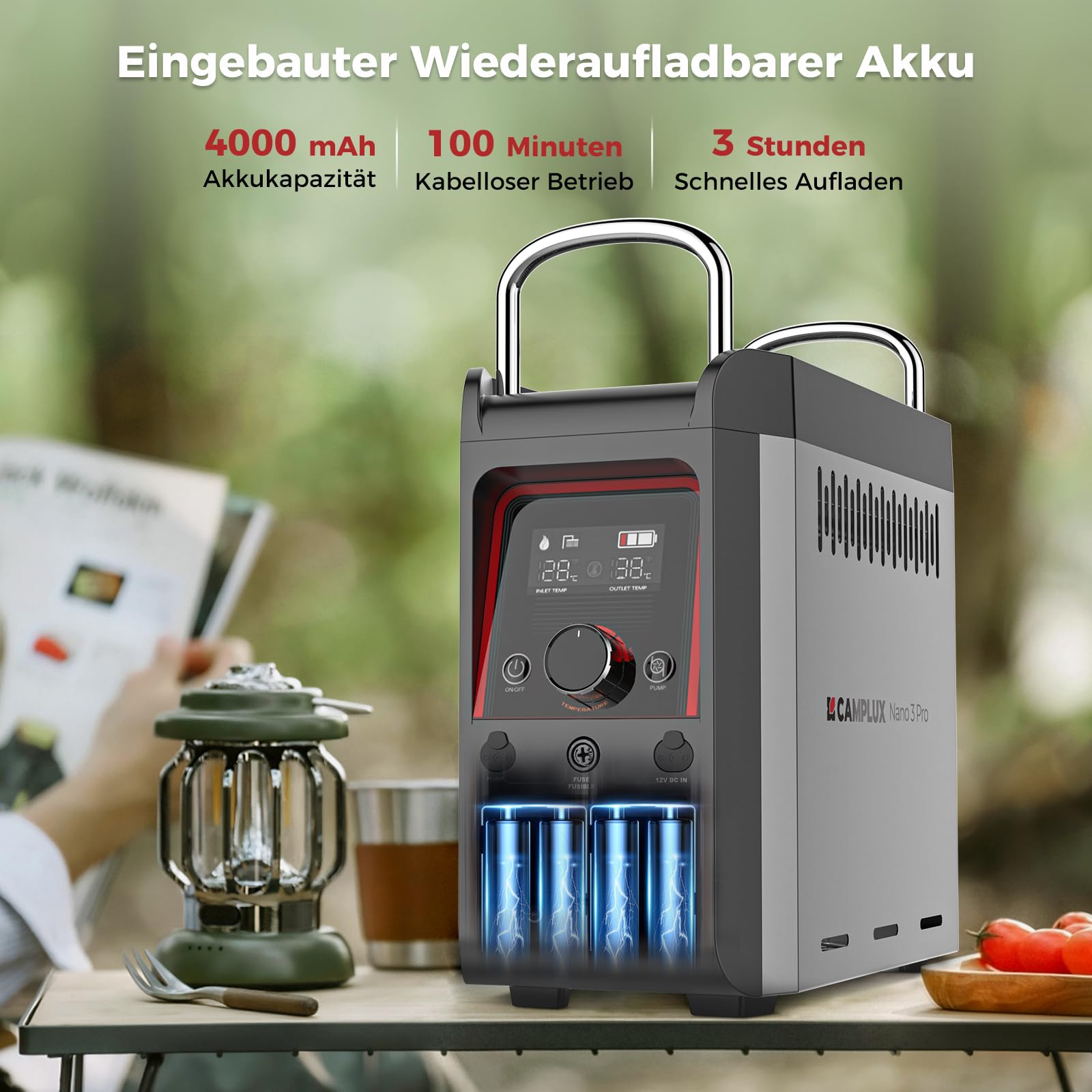 CAMPLUX Nano 3 Liter Gasdurchlauferhitzer Mobiler mit Wasserpumpe & Griff, 12 Volt, 50mbar LPG, für Campingdusche, Nano 3 Pro-DE