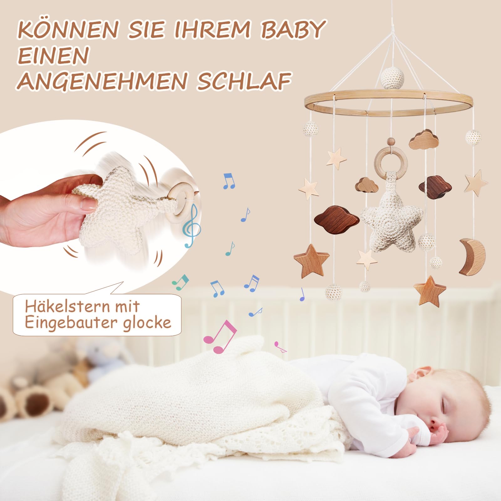 SWECOMZE Mobile Baby Bettglocke mit Sterne Hölz Mädchen Hängende Mobile Windspiel für Babybett Kinderbett