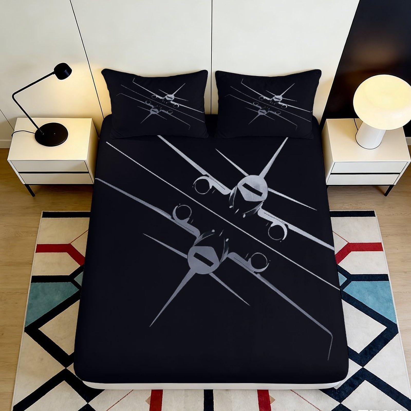3D Printed Airplane Night Sky Fitted Sheet Microfiber Breathable Black Aircraft Mattress Cover for Bedroom Decor 200x200x25cm