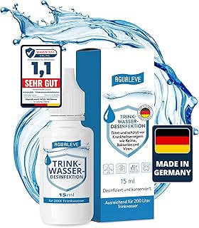 AGUALEVE® Trinkwasserdesinfektion 15ml für 200l Wasser *NEU* | Wasserentkeimung für Reisen, Notfall, Freizeit | Wasseraufbereitung Trinkwasser | Markenqualität Made in Germany | Note 1,1