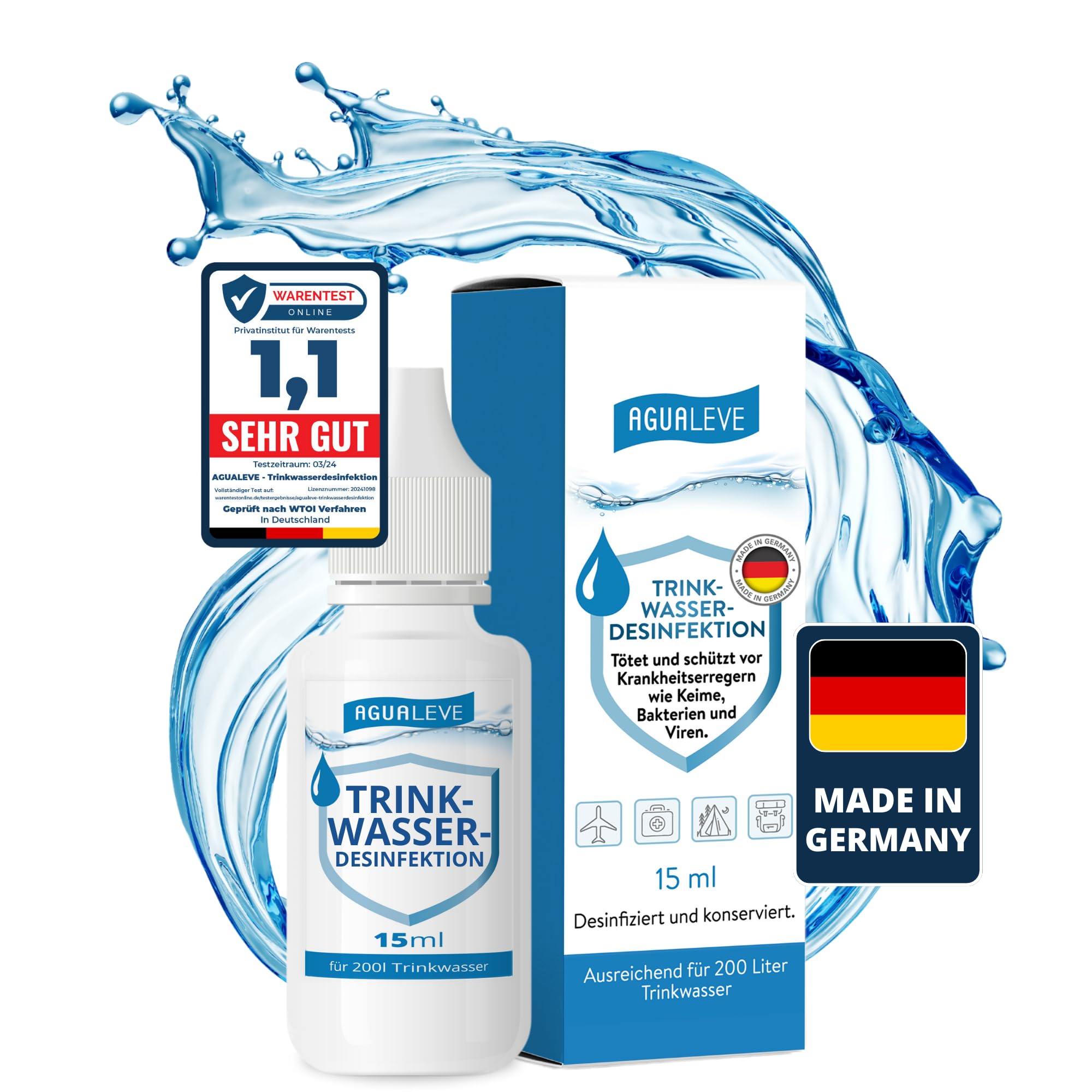 AGUALEVE® Trinkwasserdesinfektion 15ml für 200l Wasser *NEU* | Wasserentkeimung für Reisen, Notfall, Freizeit | Wasseraufbereitung Trinkwasser | Markenqualität Made in Germany | Note 1,1