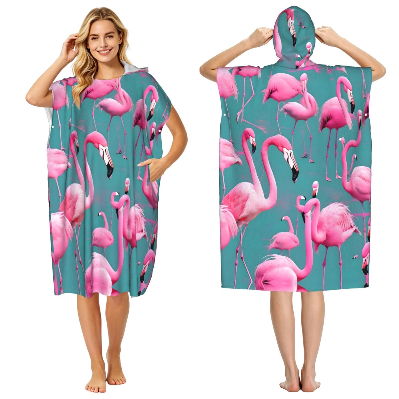 Zaixiansj 110cm A flock of flamingos Print Adult Changing Robe Hooded Towel Poncho Surf Swim Beach Cover Up with Pockets