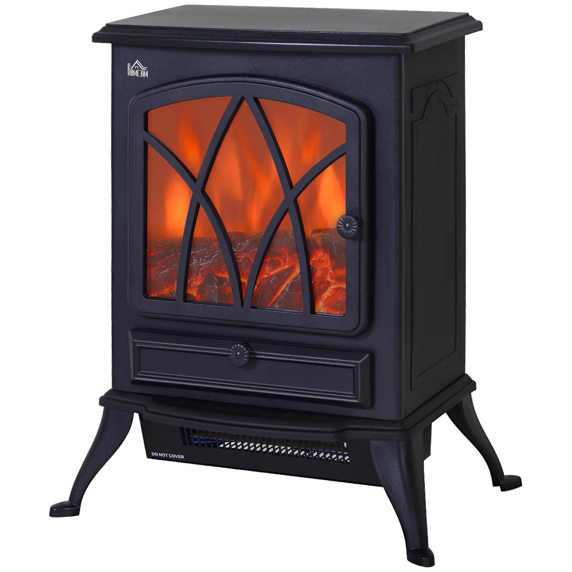 HOMCOM Camino Elettrico con Effetto Fiamma Stile Retrò, Caminetto Elettrico 1000-2000W con Termostato, Protezione da Surriscaldamento e Luce Regolabile, Nero