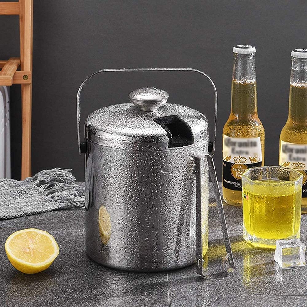 Cubitera de Acero Inoxidable de Doble Capa con Aislamiento, Redonda, pequeña, con asa, Pinzas y Tapa, 1,3 l