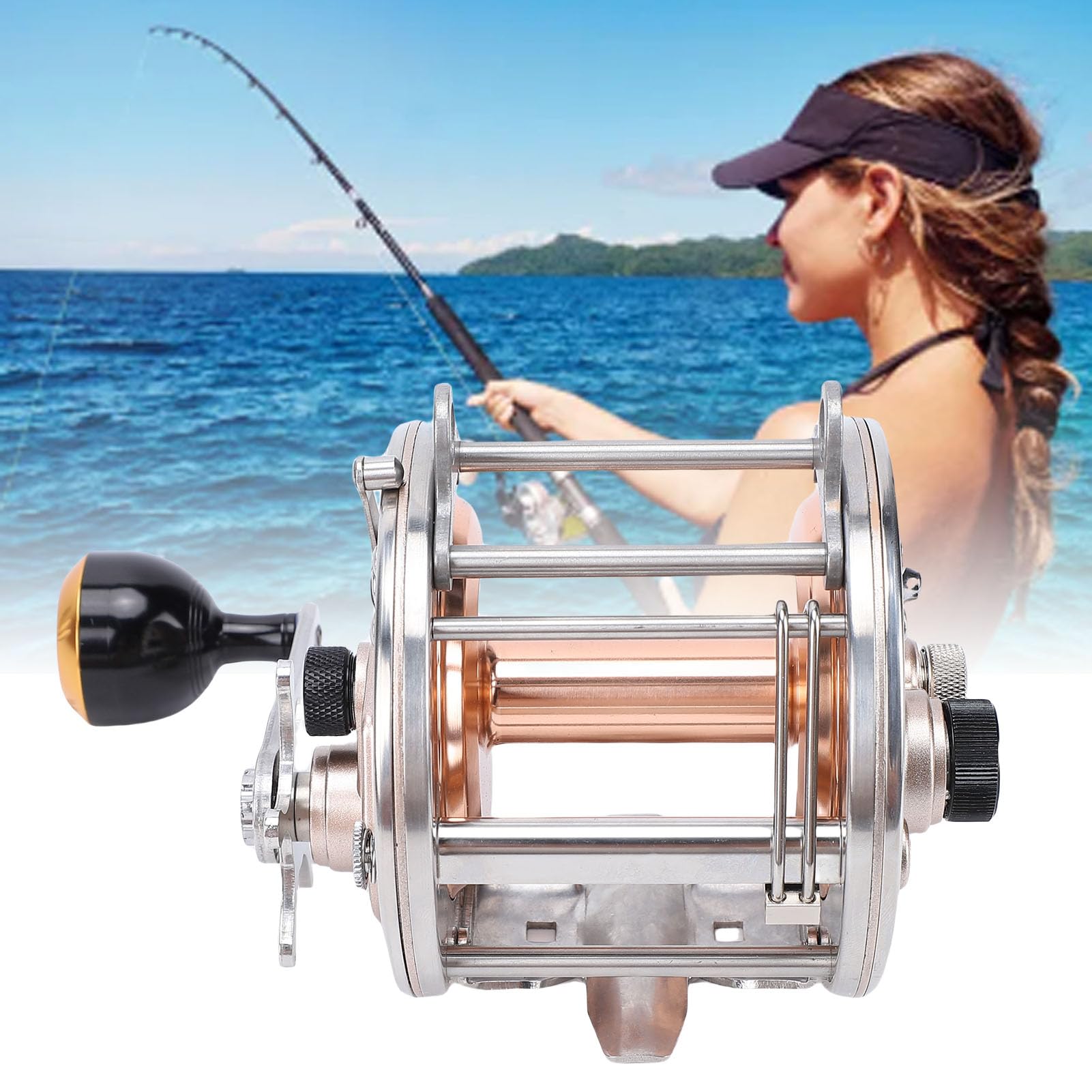 Kadimendium Carrete de Pesca Convencional Mano Derecha Diseño Suave para Agua Salada Pesca Deportiva Aluminio Dorado Acero Inoxidable