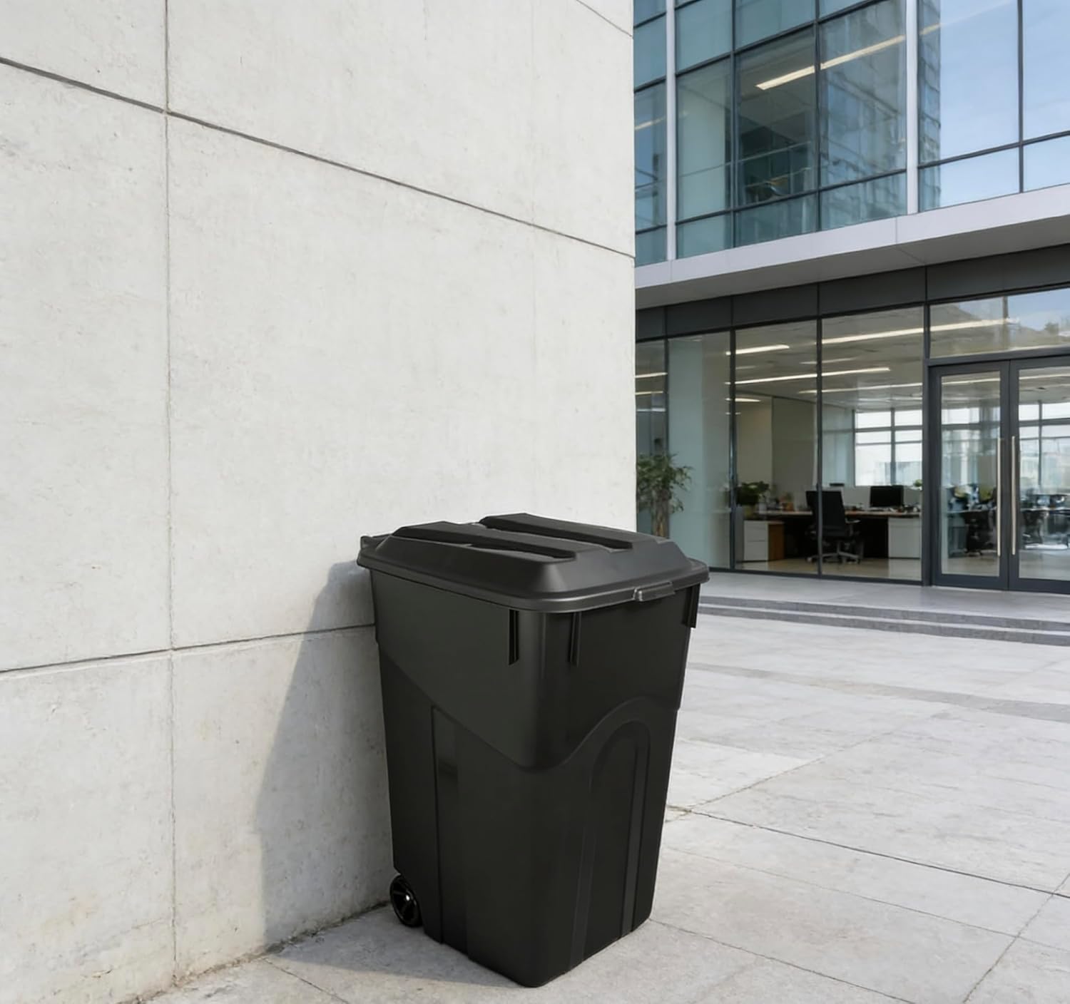 45 Gallon Wheeled Garbage Can, Attached Lid, Black