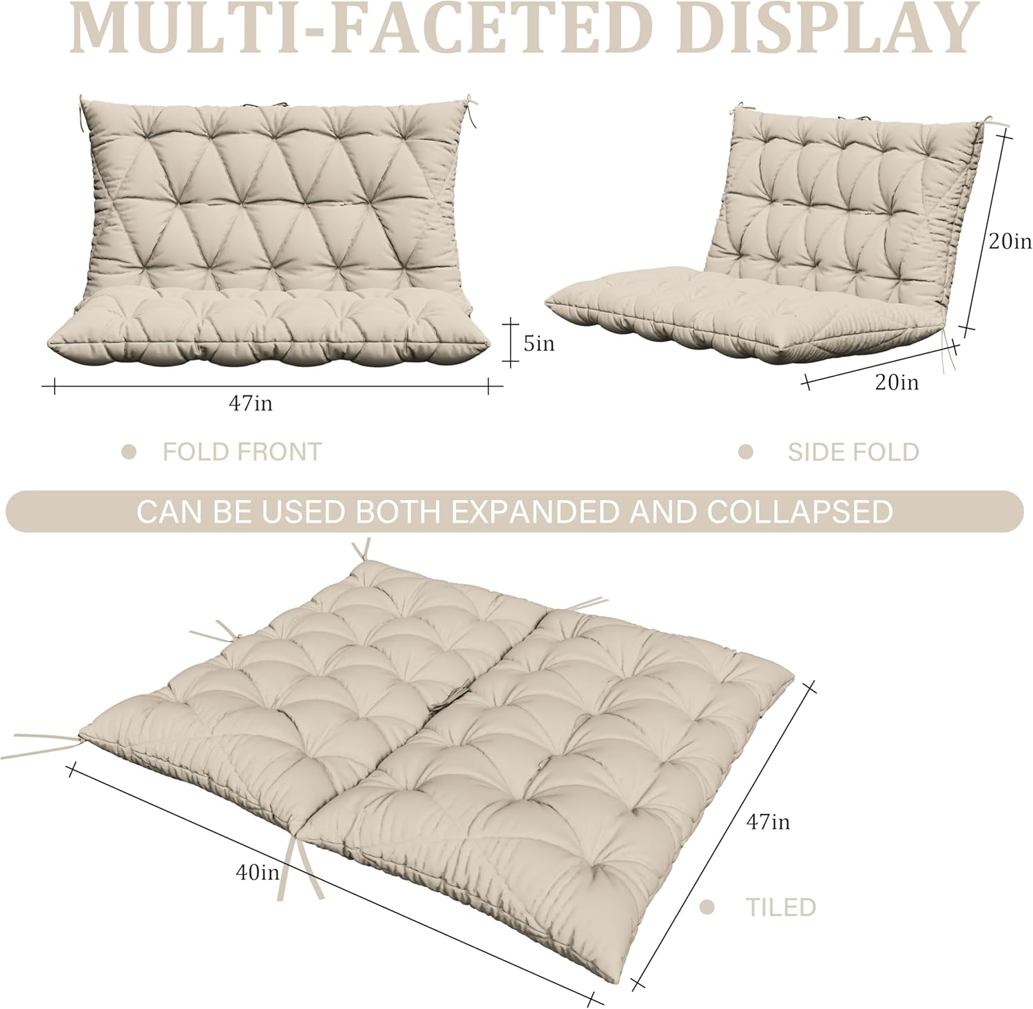 porch swing cushion with backrest,waterproof bench cushion for outdoor furniture,2-3 seater replacement thickened 5 in swing cushion,with ties,patio,outdoor,backyard and cream (cream,47x40 in) 47''×40''×5'' cream