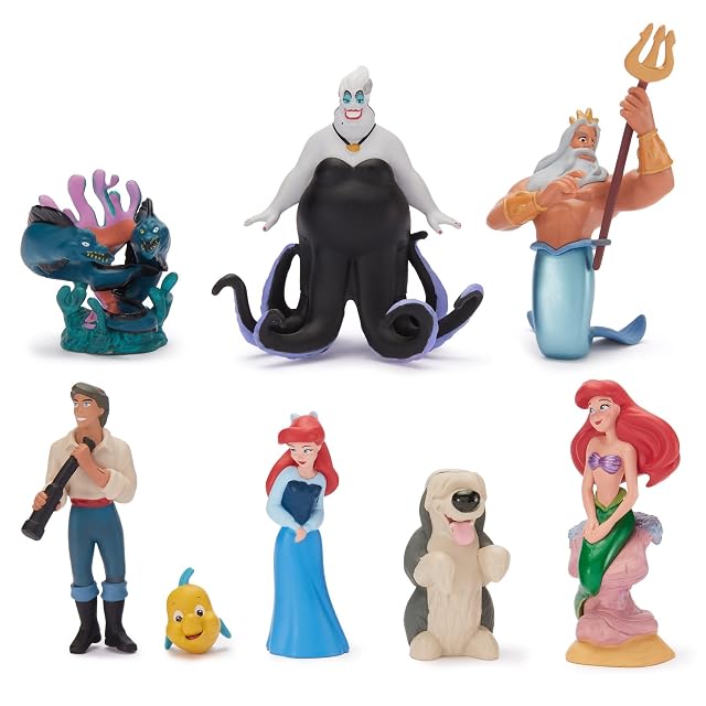 Disney Store Official, La Sirenita, Set de figuritas, 8 figuritas de Ariel, Rey Tritón, príncipe Éric, Úrsula, Flounder, MAX, Flotsam y Jetsam, a Partir de 3 años