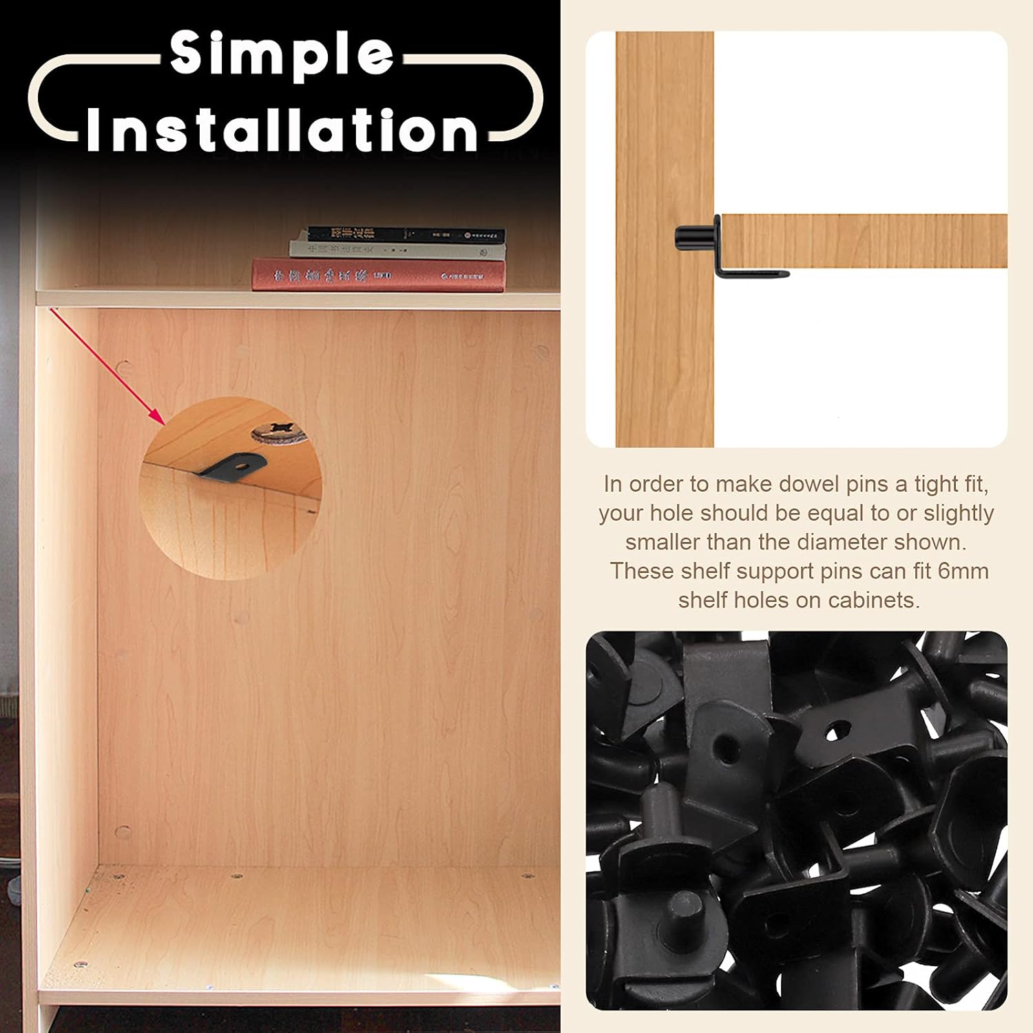 60Pcs 1/4" Black Plated Steel L-Shelf Support Pegs with Hole Kit, L-Shaped Cabinet Shelf Support Pegs Assortment for Bookshelf (Black)