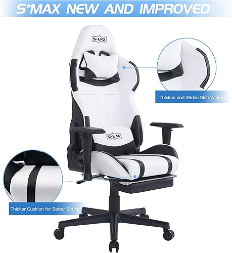 Miniatura 4 de SMAX - Silla de juegos blanca con reposapiés, sillas ergonómicas para juegos, piel sintética de grado de carreras, reposacabezas ajustable, soporte