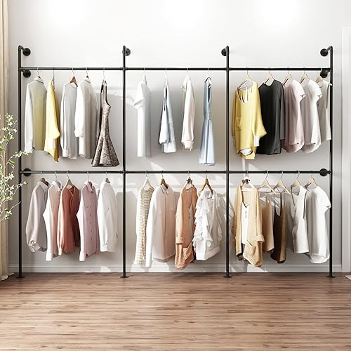 ORSENIGO Perchero industrial para ropa de tubería, perchero de metal resistente con varillas dobles para colgar ropa, montaje en pared, ahorro de