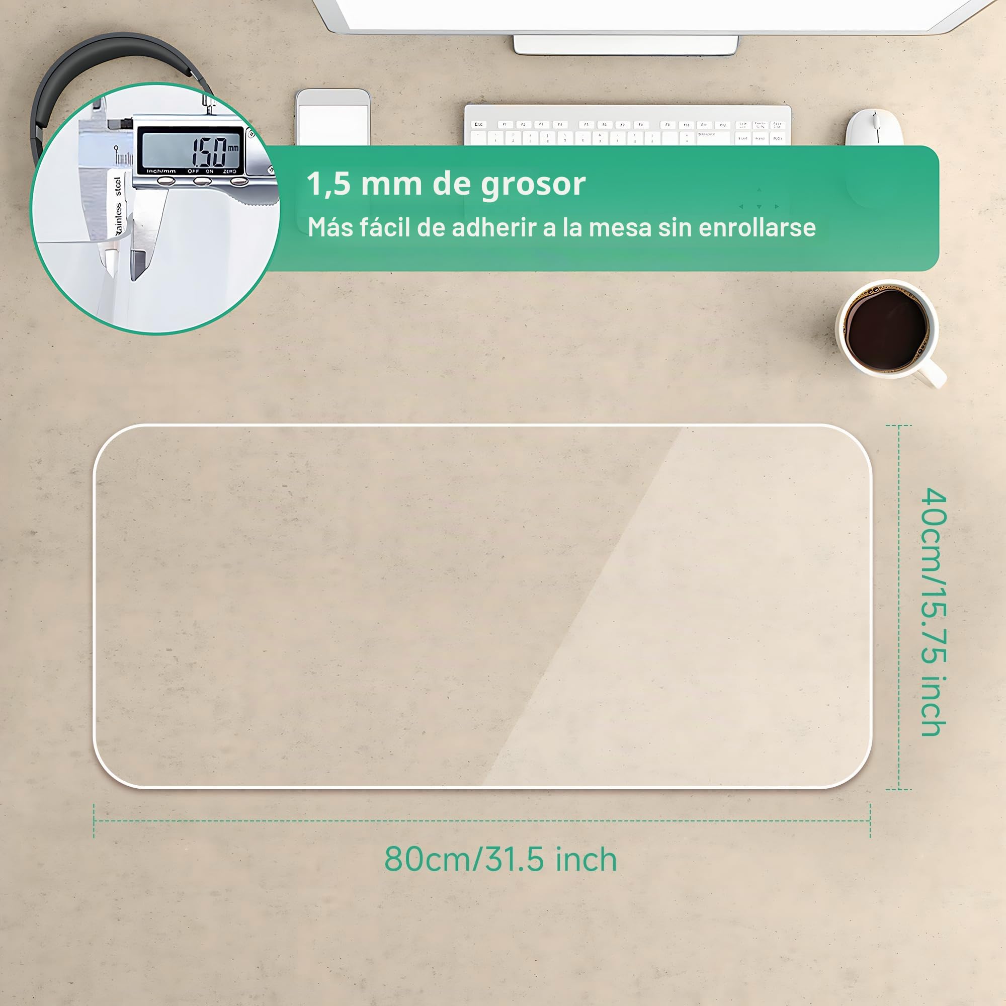 NATRKE Alfombrilla de Escritorio Transparente Grande 80x40 cm, Protector de Escritorio PVC, Estera de Escritura Antideslizante e Impermeable, Tapete de Escritorio para Ordenador para Oficina/Hogar