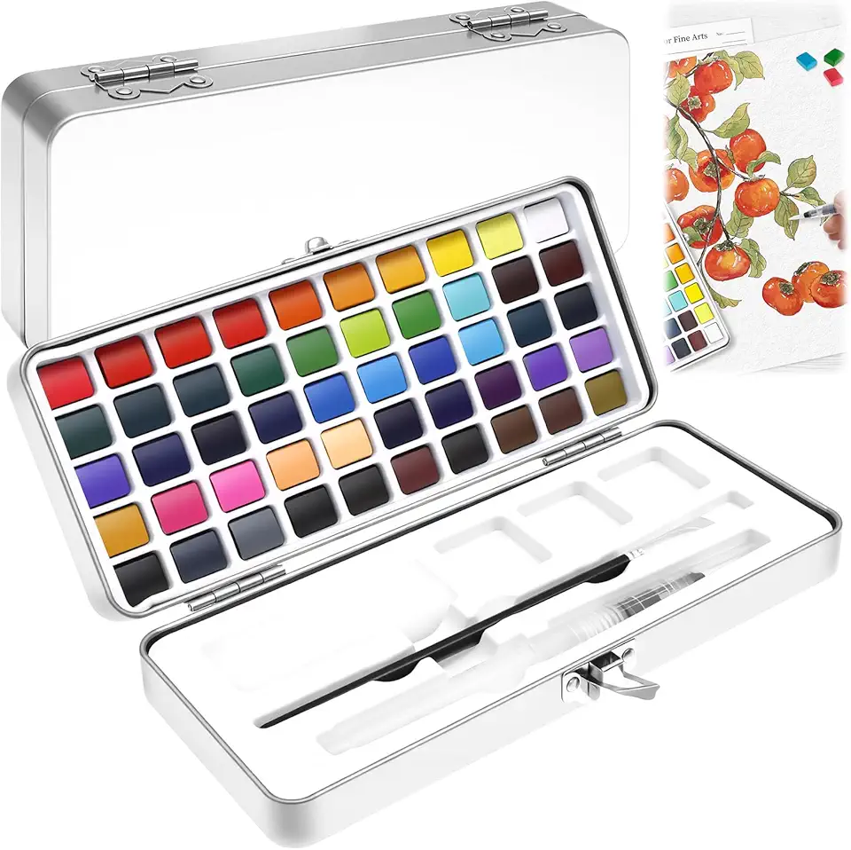 Conjunto de tinta aquarela de 50 cores vivas com pincel de tinta, paleta de canetas aquáticas, mini conjunto de aquarela para viagem, suprimentos de arte para adultos iniciantes