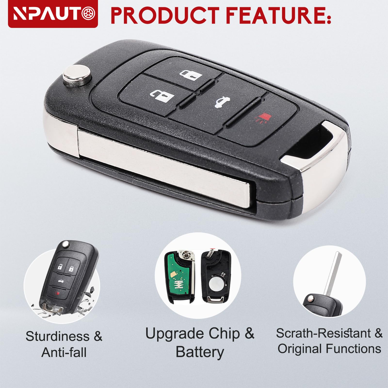 NPAUTO Replacement Key Fob For Chevy, GMC, Buick (2010-2017) - 4 Button Flip Remote, FCC OHT01060512