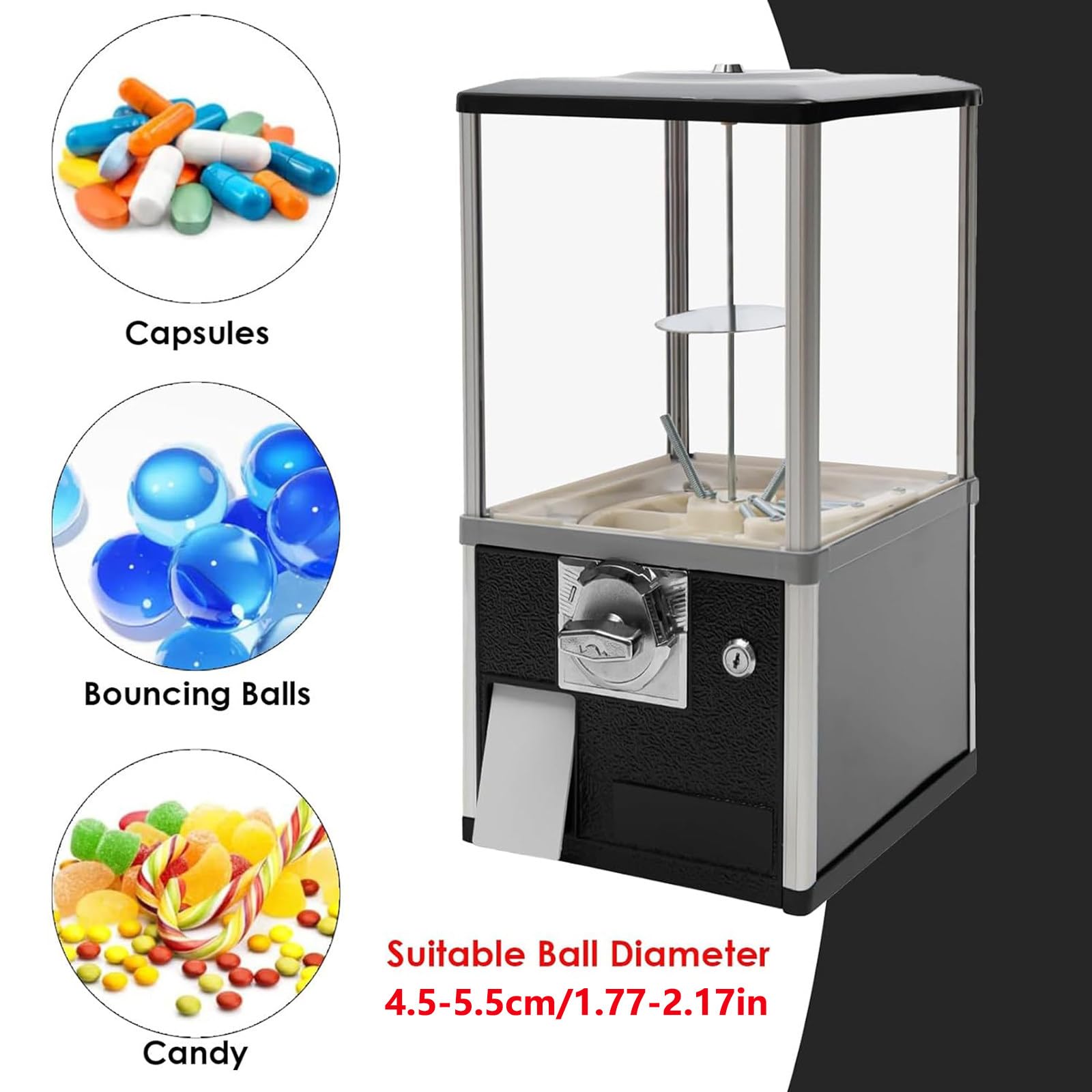 Mini máquina expendedora, máquinas expendedoras para empresas, máquina comercial de chicles de caramelo, máquina expendedora de caramelos de gran capacidad de carga para bolas de 4,5 a 5,5 cm,Black