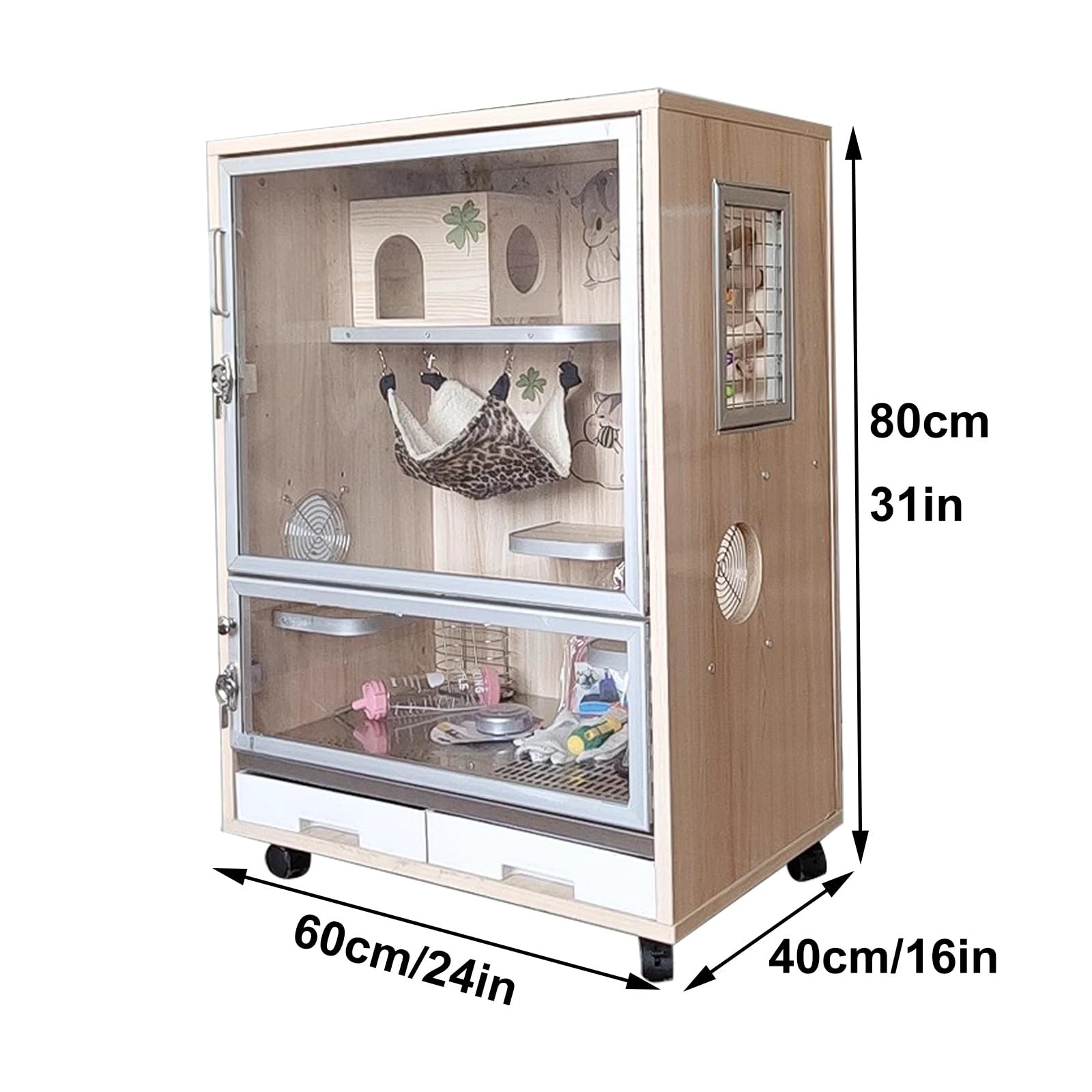 Jaula de chinchilla, jaula de conejo, jaula de hurón, jaula de cobayas con puerta transparente, ruedas, bandeja extraíble, gran hábitat de madera para animales pequeños