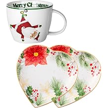 Merry Christmas Coffee Mug and Elegant Heart Plates 8" for Holiday Table Party or Festival Decor, Microwave and Dishwasher Safe