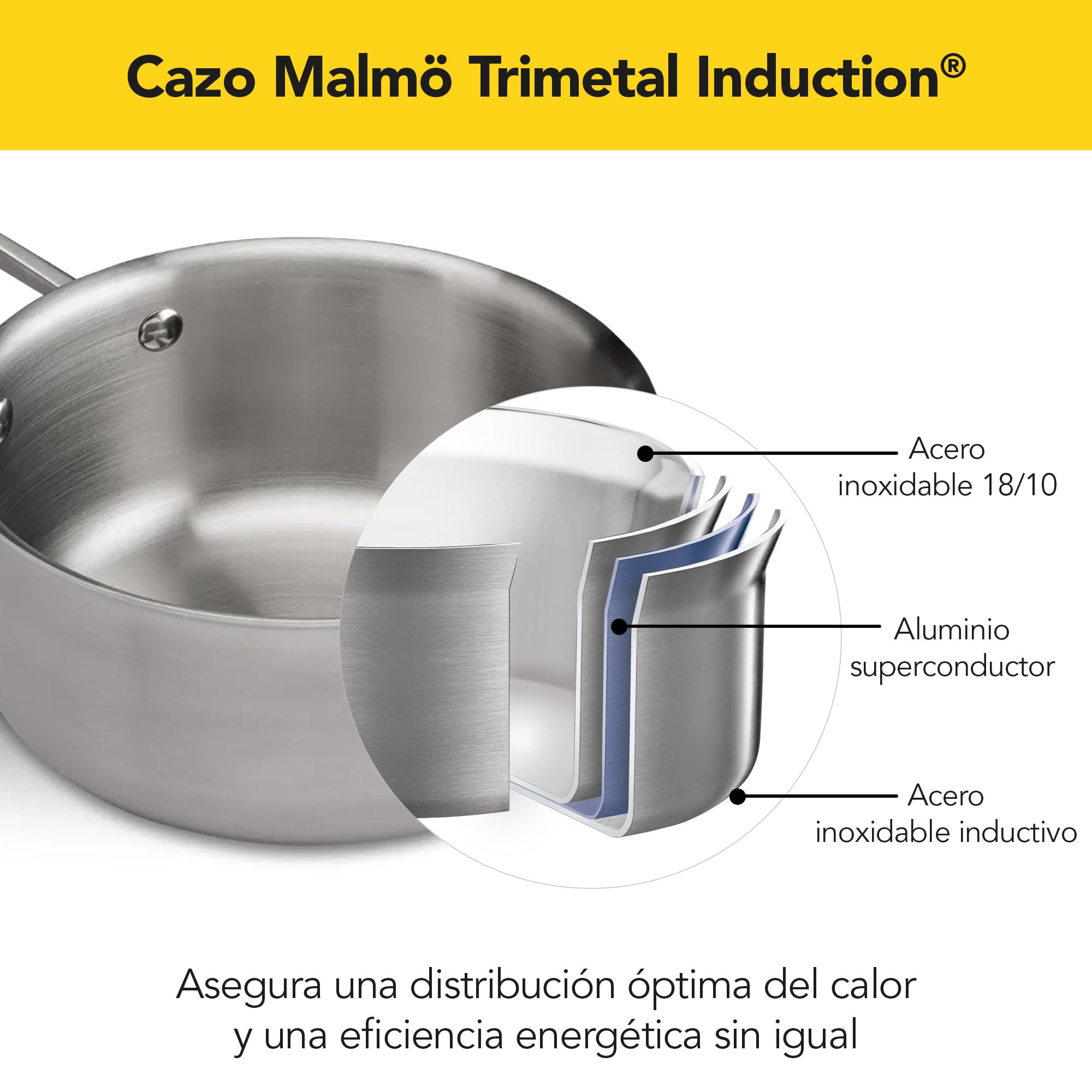 CASTEY - Cazo de Inducción de Trimetal Malmö, 18 cm, Color Plata, de Acero Inoxidable, Resistente a las Altas Temperaturas, Distribuye el Calor de Forma Homogénea