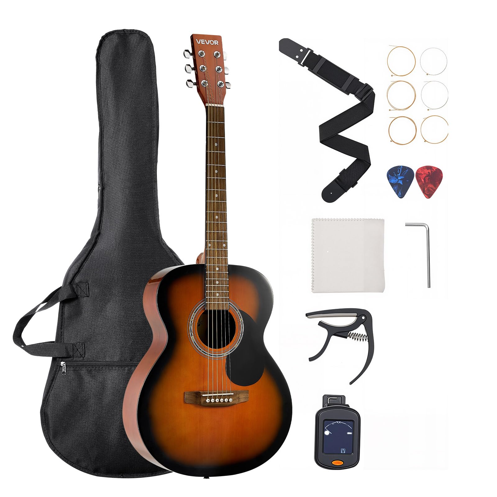 VEVOR Guitare Acoustique Dreadnought 6 Cordes, 100 cm, Table Épicéa Massif, Fond Acajou, Touche Palissandre, avec Housse, Accordeur, Sangle, Médiator, Capodastre, pour Adultes, Couleur Rayon de Soleil