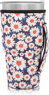 Reusable Iced Coffee Cup Sleeve Neoprene Insulated Sleeves Cup Holder with handle Idea for 30oz - 32oz Tumbler Cups, Protein Shake Bottles(Only Cup Sleeves), Daisy Blooming