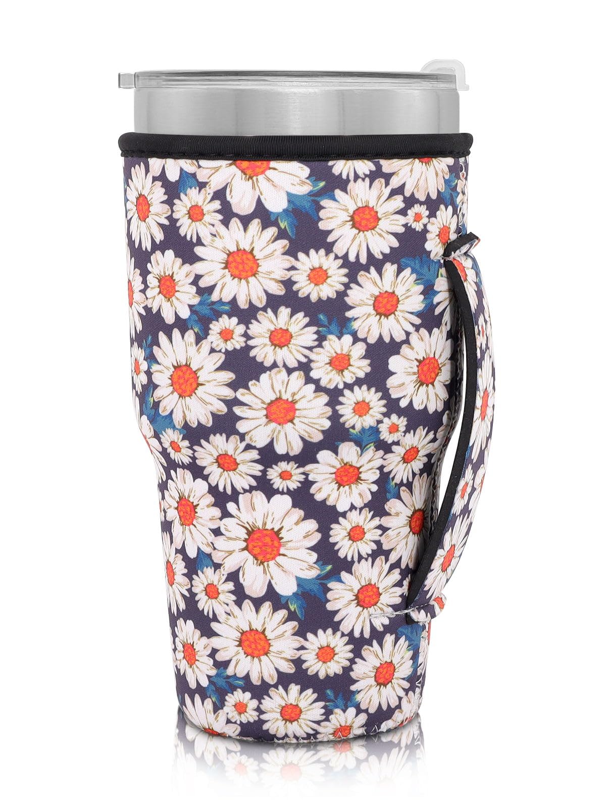 Reusable Iced Coffee Cup Sleeve Neoprene Insulated Sleeves Cup Holder with handle Idea for 30oz - 32oz Tumbler Cups, protein shake bottles(Only Cup Sleeves), Daisy Blooming