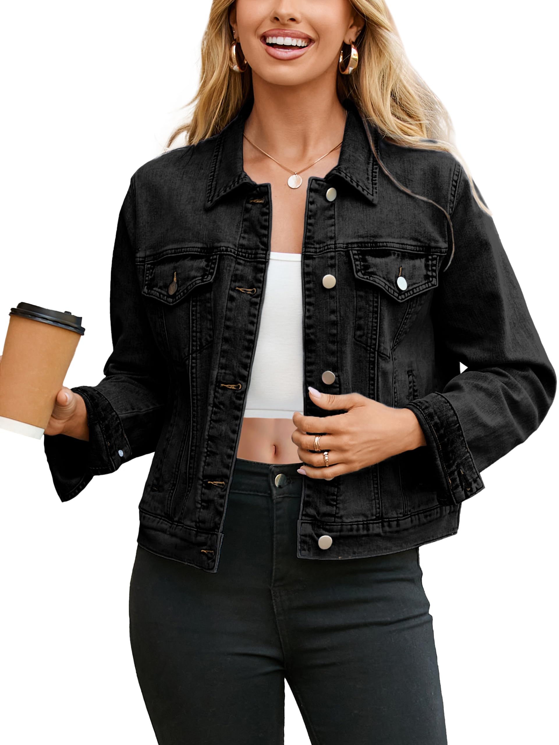 Photo 1 of  Denim Jacket for Women 2026 Distressed Jean Jackets Button Down Casual Retro Oversized Jean Shacket with Pockets (Denim Black S)