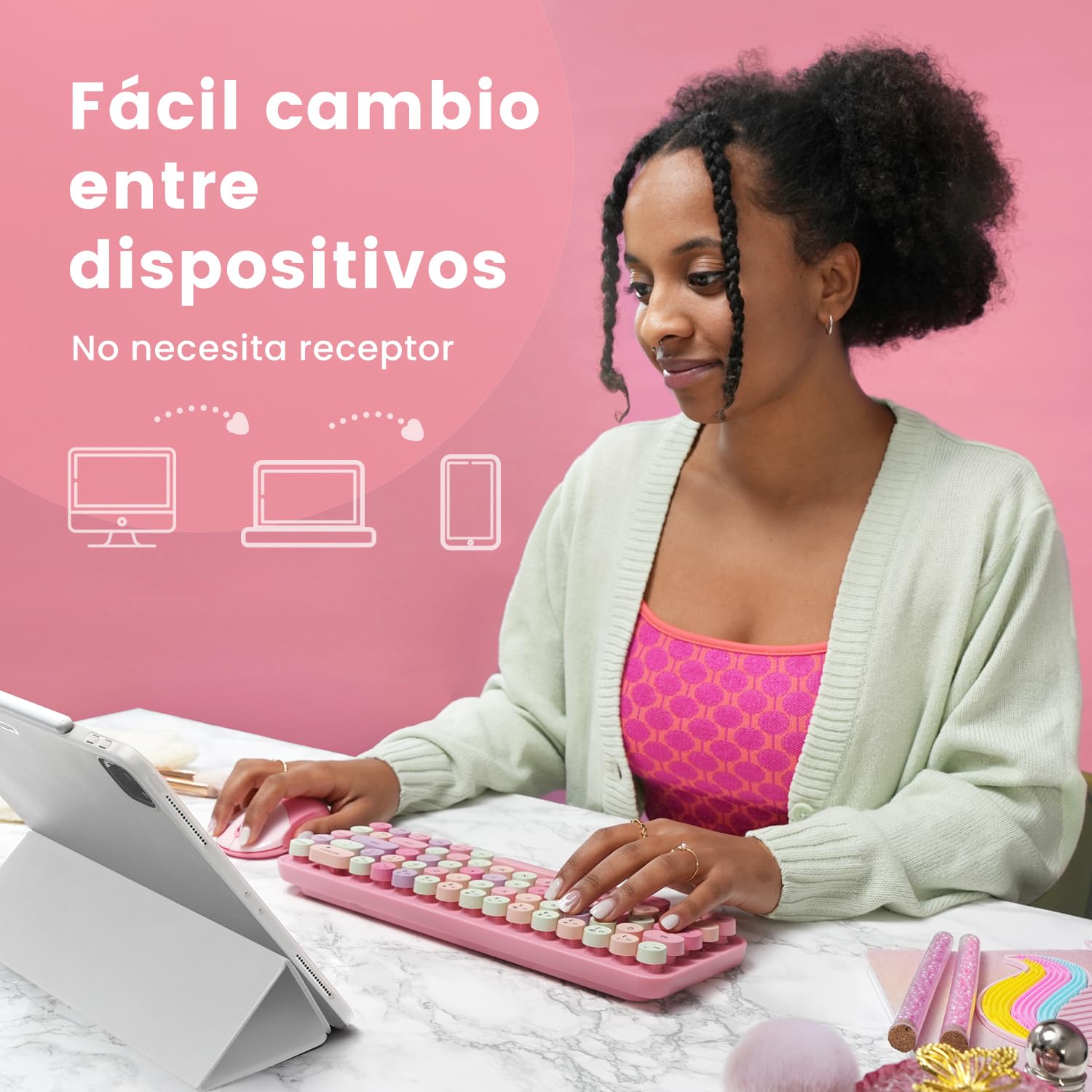 Perixx PERIDUO-802PK ES Set de Ratón y Teclado Inalámbrico Bluetooth Mini - Estilo Retro con Teclas Redondas - Rosa Pastel - Español QWERTY