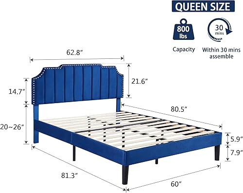 Miniatura 2 de VECELO Base de cama tamaño Queen tapizada con cabecera ajustable copetuda/base de colchón con soporte de listones de madera, fácil montaje, azul