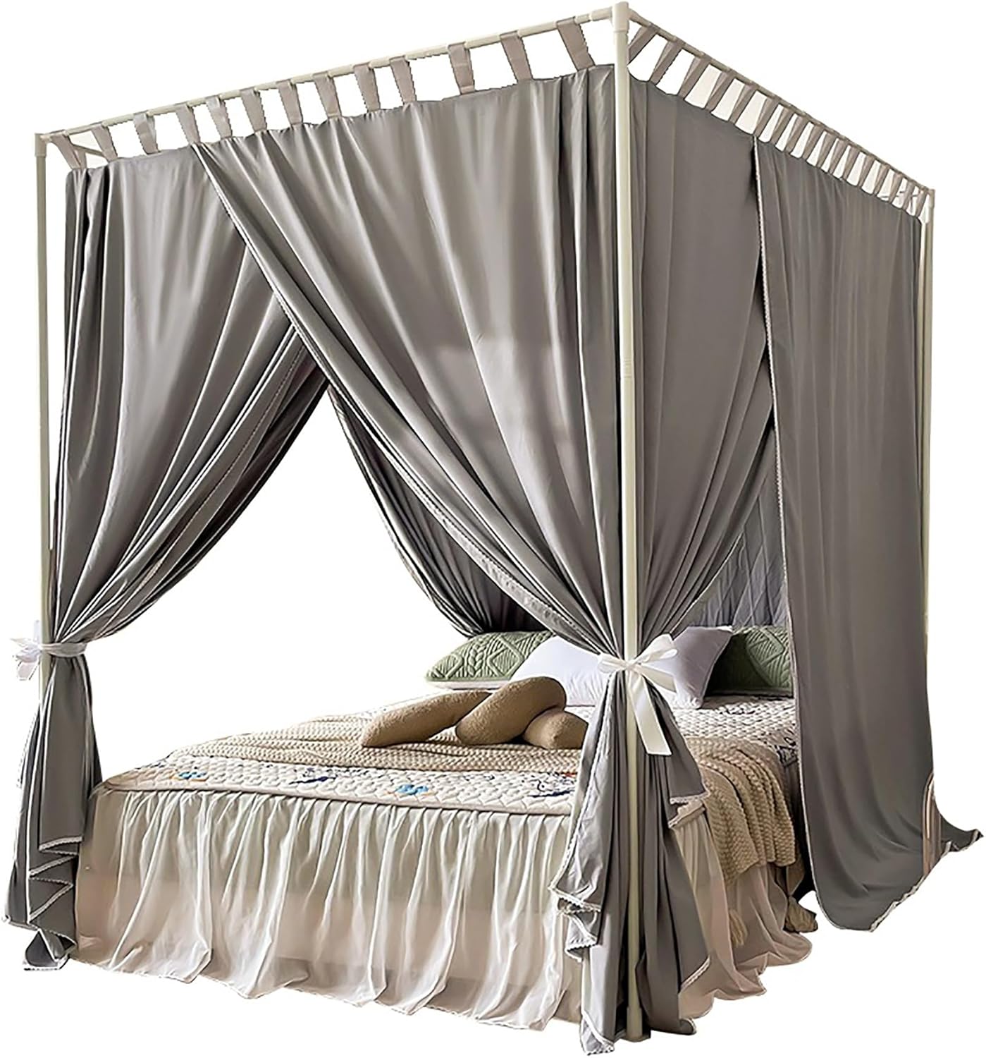 Cozy Drape Bed Netting Canopy Frame 4 Corners Canopy Bed Frame Post Poles with Curtain Mosquito Net Bed Frame Curtain Brackets Pained Iron,King