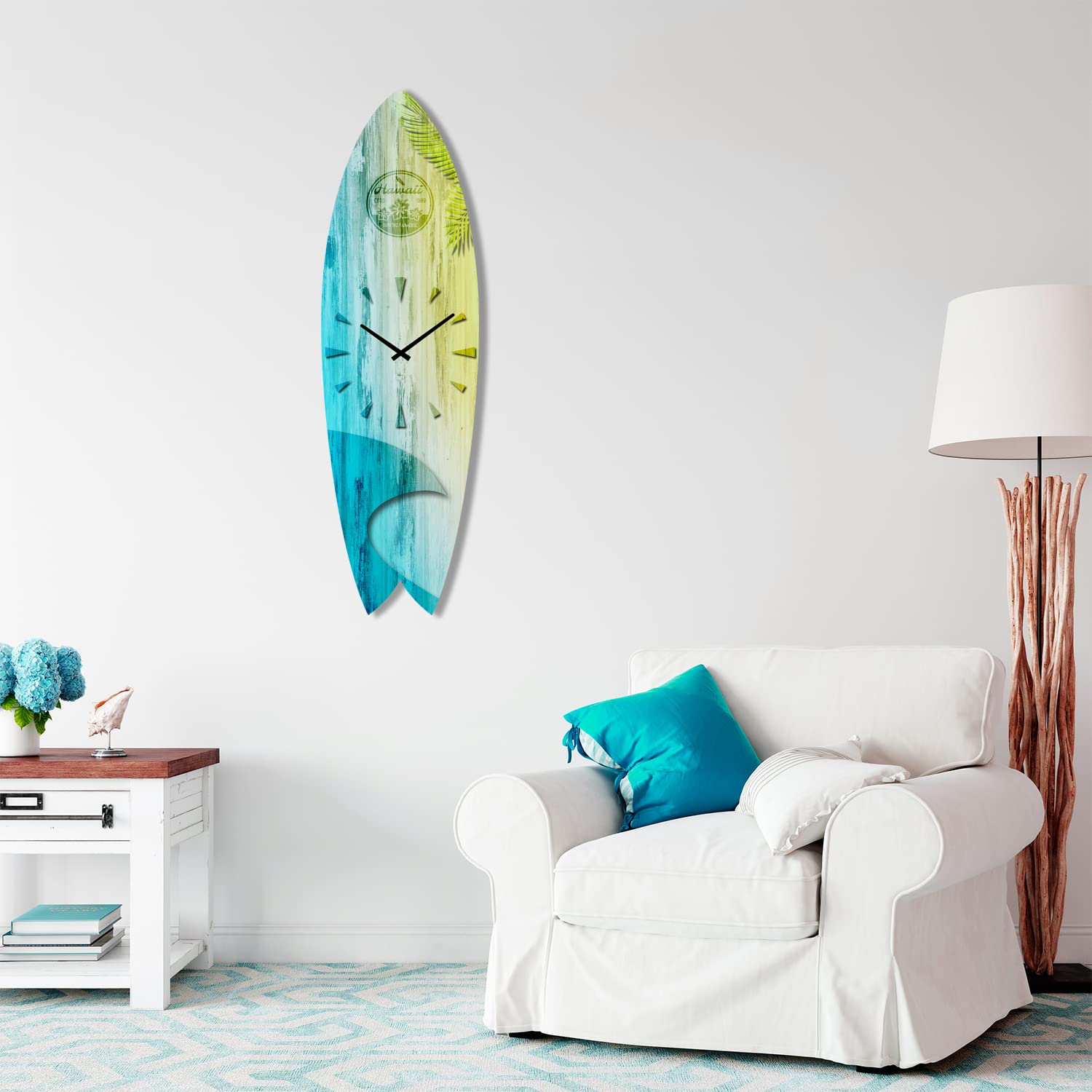 DECLINA, Horloge Murale silencieuse, Pendule Murale déco, Horloge Planche de Surf, Horloge Murale Surf Hawaii Blue, 100x30 cm