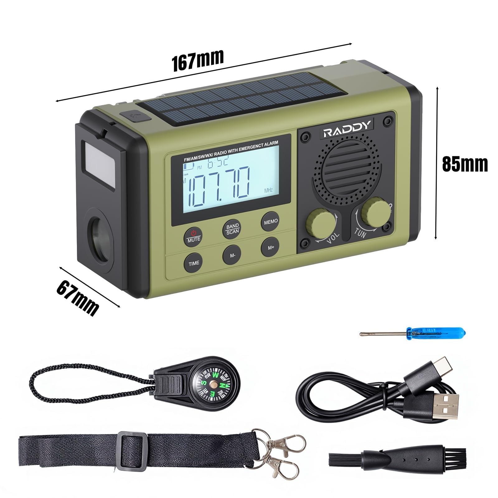 Raddy SH-908 Radio à manivelle IPX6, Radio d'urgence AM/FM/SW avec Solaire & USB, Lampe Torche/Lecture, SOS, Boussole, Chargeur de téléphone pour Camping & coupures de Courant 10 000 mAh, Vert