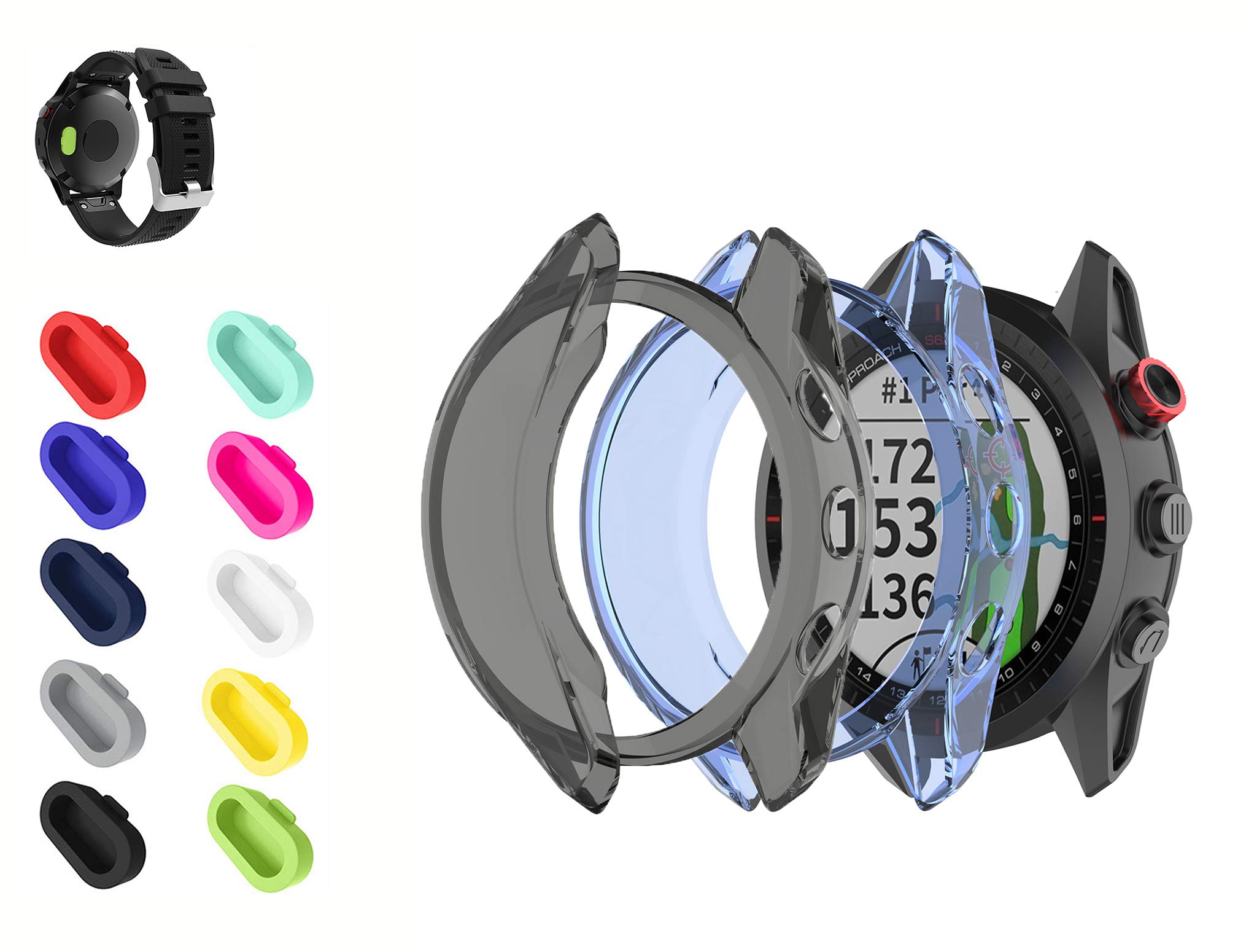 Lemspum Replacement 2-Pack TPU Protective Cover Cases&10-Pack Multiple Colors Charging Port Dust Plugs Caps for Garmin Approach S62 GPS Smartwatch