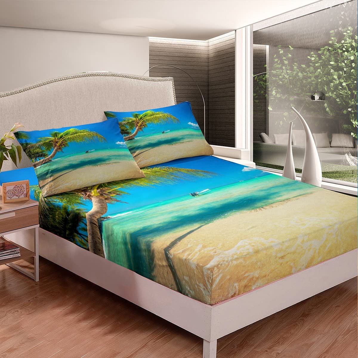Beachd Bed Sheet Set Ocean Fitted Sheet for Kids Boys Girls Tropical Leaves Bedding Set Seaed 3Pcs King Size