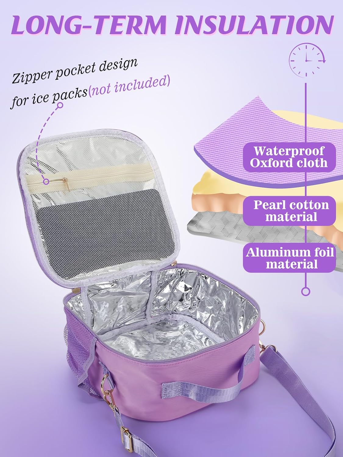 Alphatool Insulated Kids Lunch Bag with Adjustable Strap - Reusable Easy to Clean Lunch Bag for Girls, Hold Kids Lunch Box Snacks Water Bottles for School, Purple - Image 2