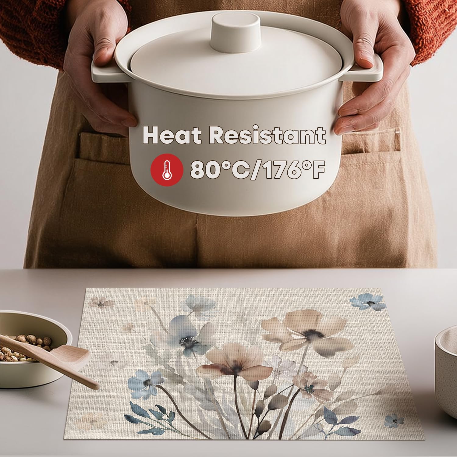 Artoid Mode Brown Poppy Floral Vinyl Plastic Placemats Set of 4, Washable Non-Slip PVC Table Mats for Party Kitchen Dining Decor, 12x18 Inch 12" x 18", Rectangular Set of 4 Brown