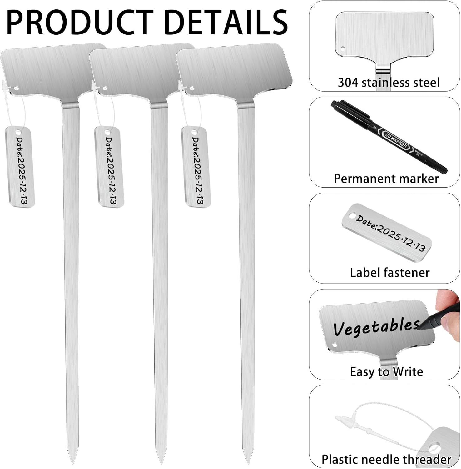 304 Stainless Steel Plant Markers, 20 Waterproof Metal Plant Label Stakes with 20 Tag Buckles & Marker Pen, 12.75" Garden Markers for Outdoor Indoor Plants Identification.