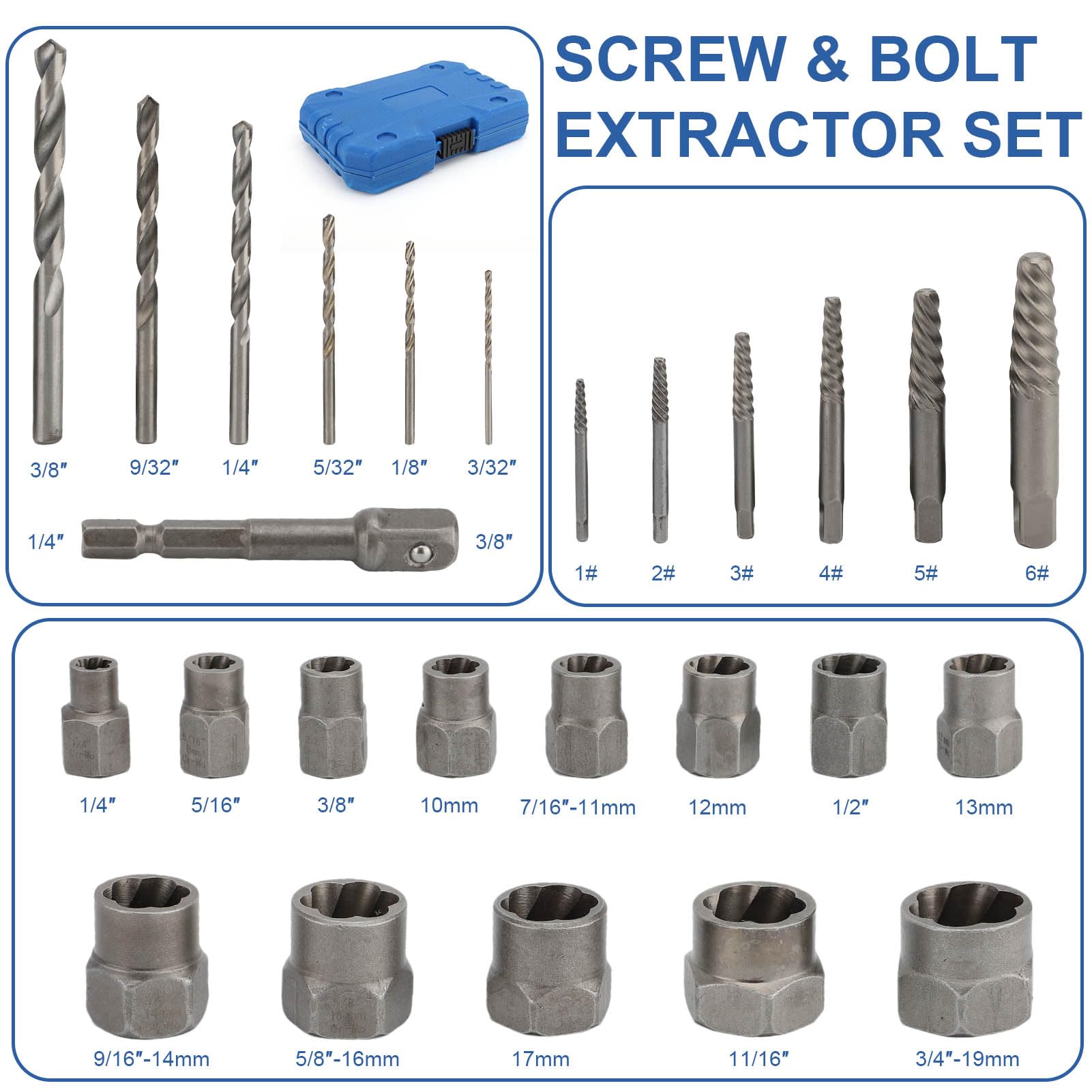 Set di 26 Estrattore viti Danneggiate, Estrattore Viti Spanate, Acciaio al carbonio Estrattore Multifunzionale per Bulloni Rotti per Rimuovere Bulloni, Dadi e Viti Danneggiati