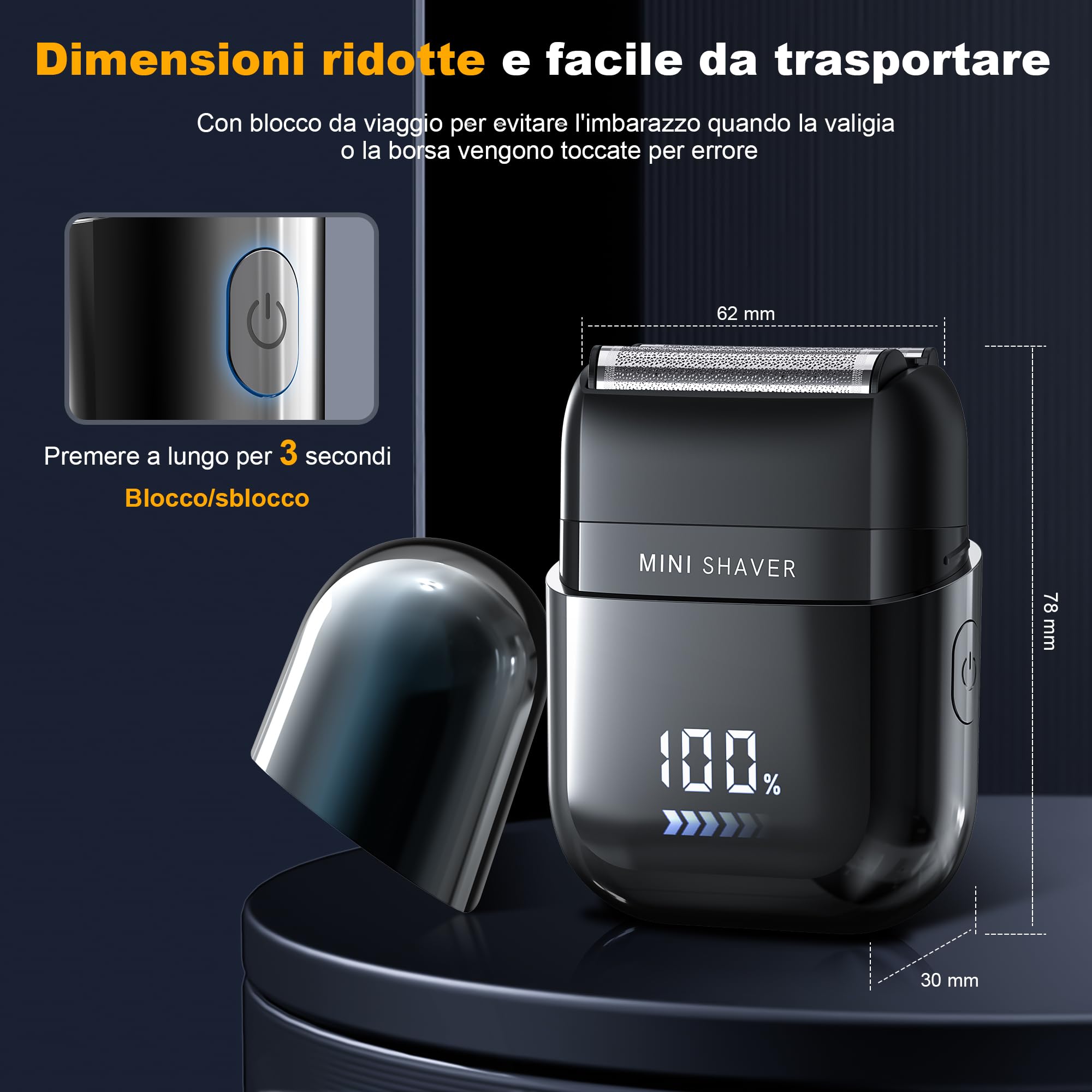 Mini Rasoio Elettrico Barba con Display LED, Rasoio Elettrico Uomo Impermeabile IPX7, Portatile Silenzioso e Lavabile