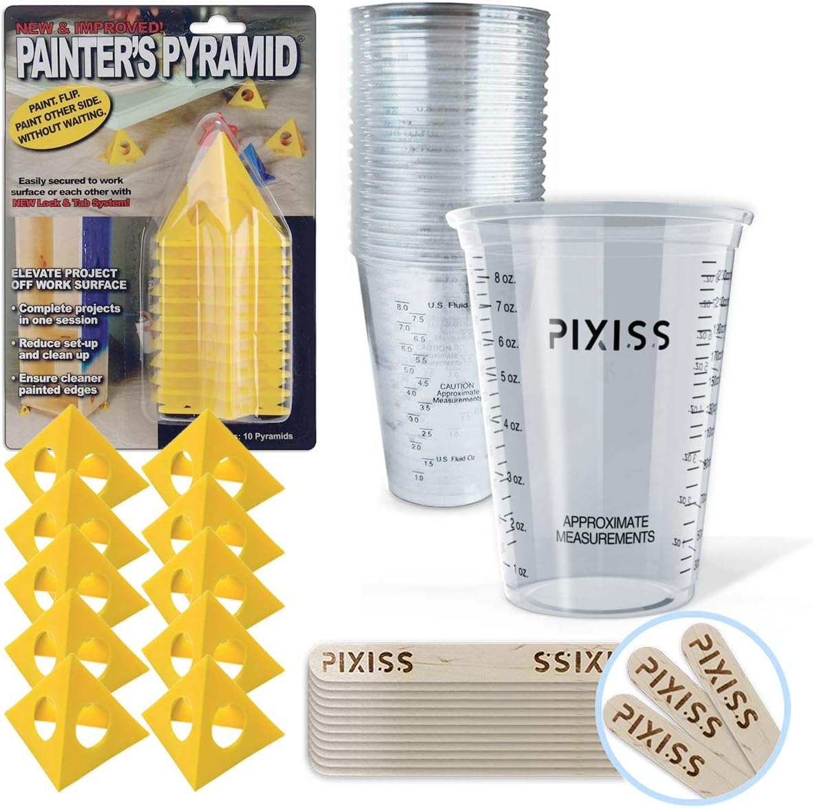 Painter's Pyramid Stands Kit, 20X 10-Ounce Disposable Graduated Clear Plastic Cups for Mixing Paint, Stain, Epoxy, Resin, 20x Pixiss Wood Mixing Sticks