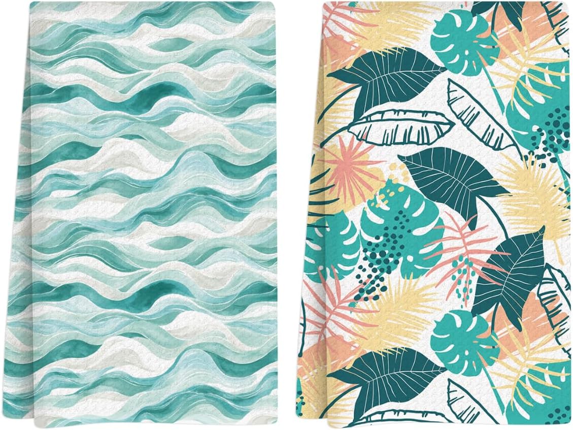 Summer Kitchen Towels, Summer Kitchen Bathroom Decor, Housewarming Gifts, Ocean Waves Leaf Waffle Decorative Dish Hand Towel for Seasonal Holiday Bathroom Home Bar Baking Set of 2 14x24 Inch