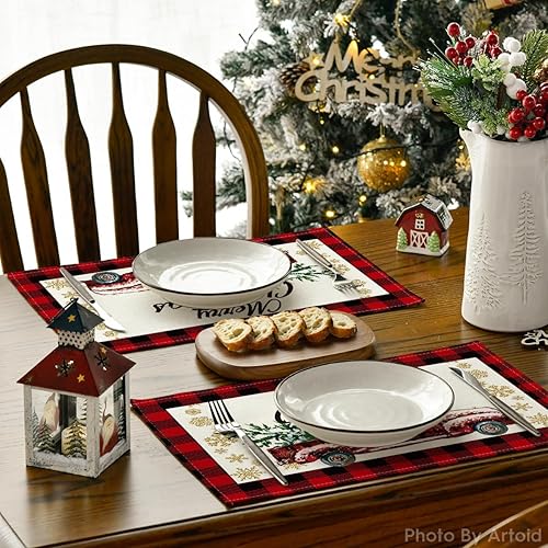 Miniatura 4 de Artoid Mode Juego de 6 manteles individuales de Navidad con diseño de camión de búfalo rojo y negro, 12 x 18 pulgadas, para decoración de fiestas,