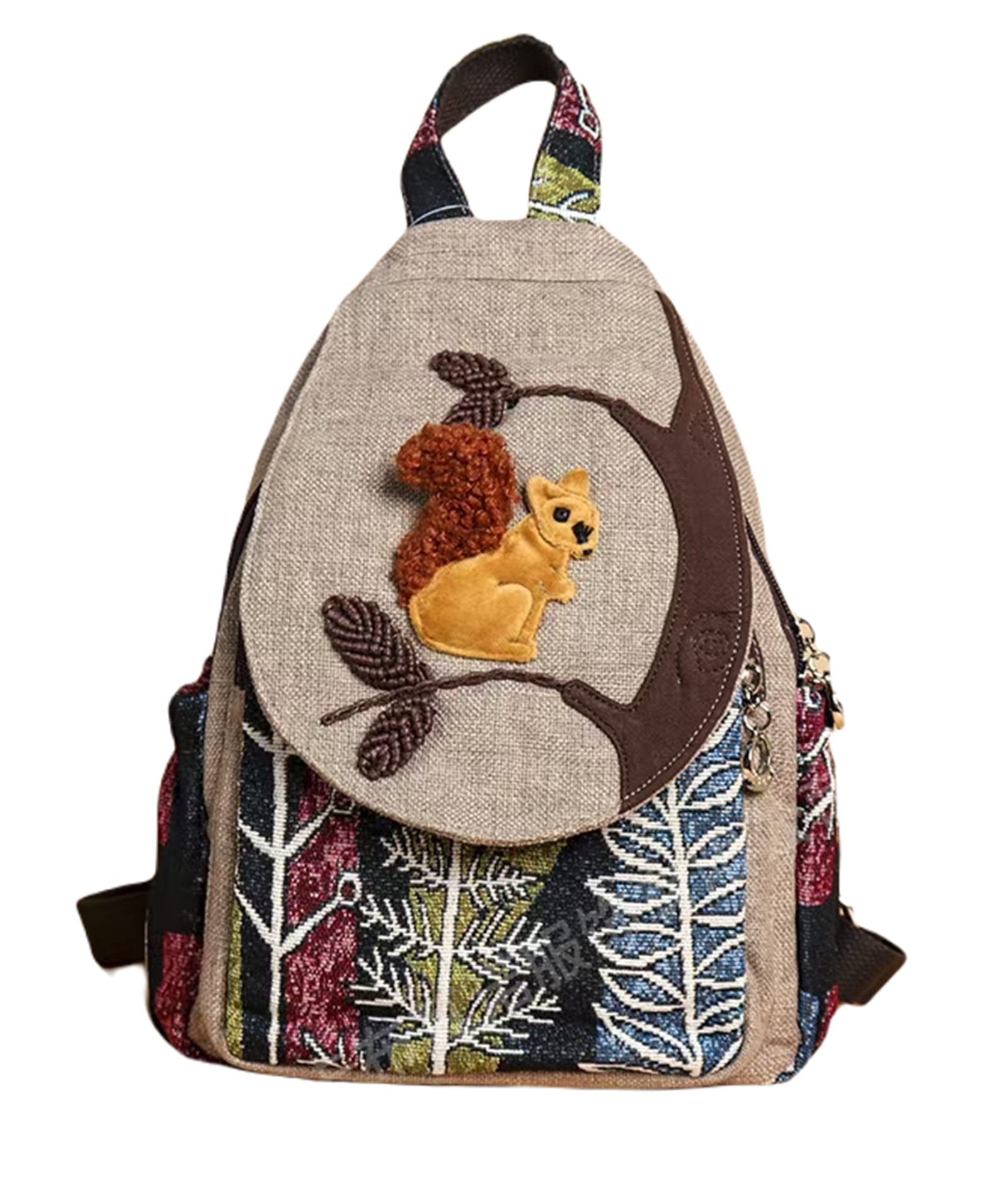 HUANGGUOSHU Women Cotton Woven Bohemian Hemp Boho Canvas Embroidery Multi Pocket Retro Cute Backpack Wallet Backpack Squirrel