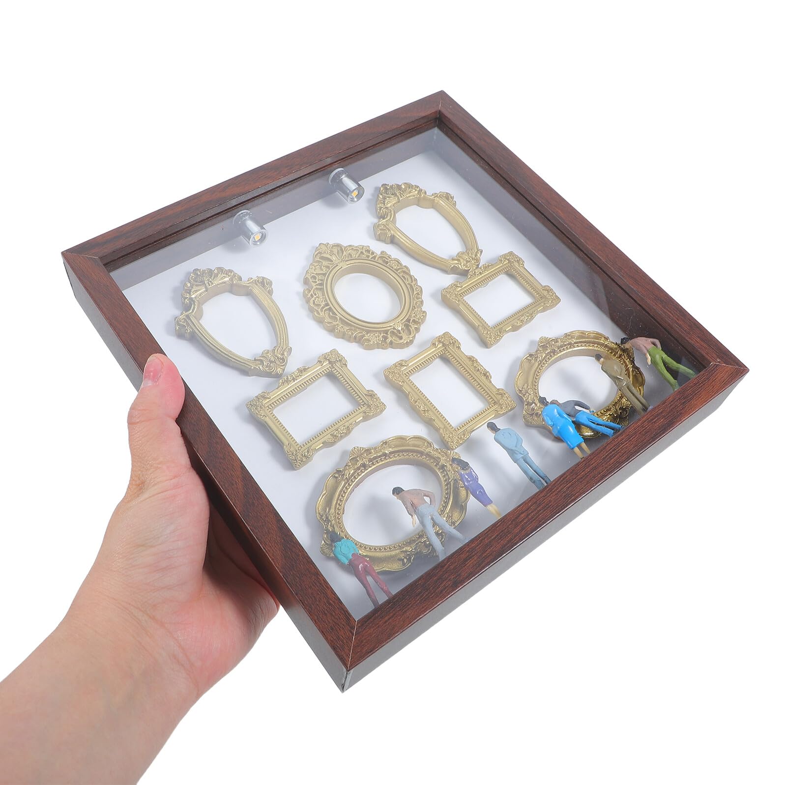Mini Muzealne Pudełko Ramka Do Zdjęć z Figurkami Drewniane Shadow Box Do DIY Przenośna Dekoracja Pamiątkowa Kolorze Jasnobrązowym