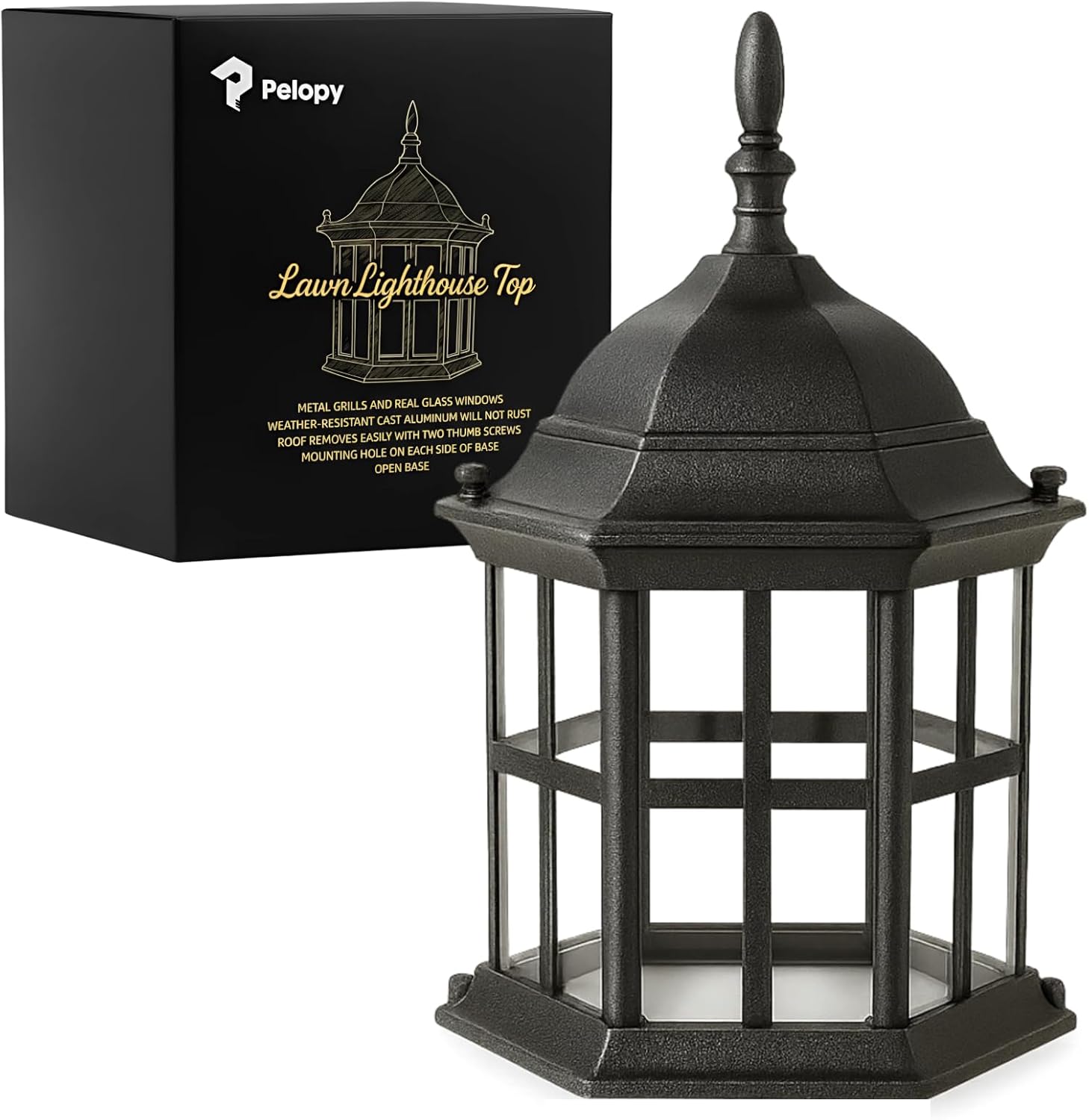 Pelopy Lighthouse Top Replacement - Cast Aluminum Topper with Metal Grills & Real Glass Windows, Weatherproof Cap for DIY Yard Garden Wooden Lighthouse, Easy Bulb Access