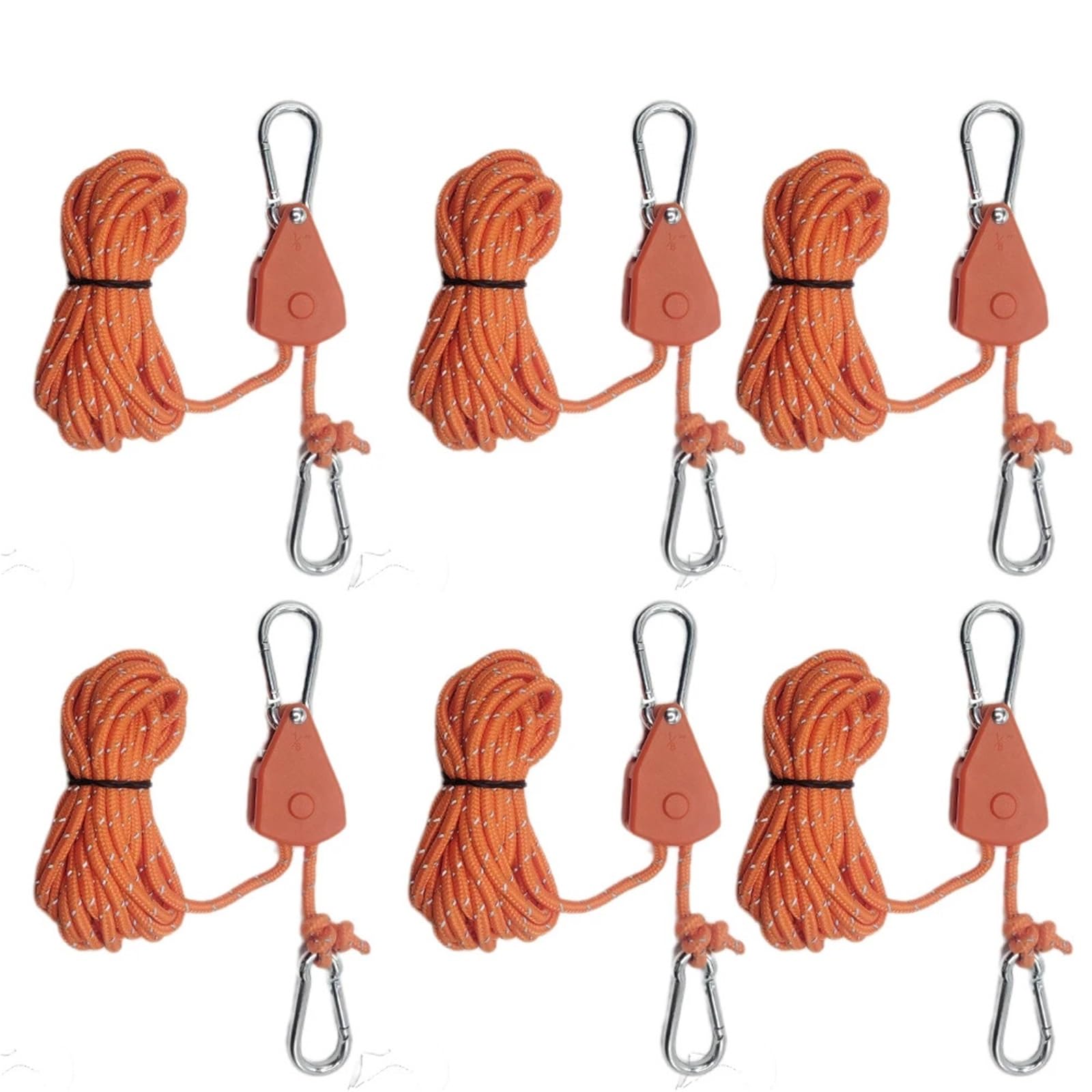 6 Stück 4 m reflektierende Camping-Zeltseil-Zurrgurte mit fester Schnalle, Riemenscheibe und Spanner, Ratschenaufhänger for Markisen-Windseil(6pcs Orange)