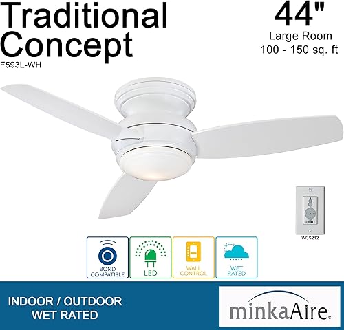 Miniatura 4 de Minka-Aire F593L-WH - Ventilador de techo de 3 aspas y control de pared, diseño tradicional LED de 44 pulgadas, color blanco (luz LED)