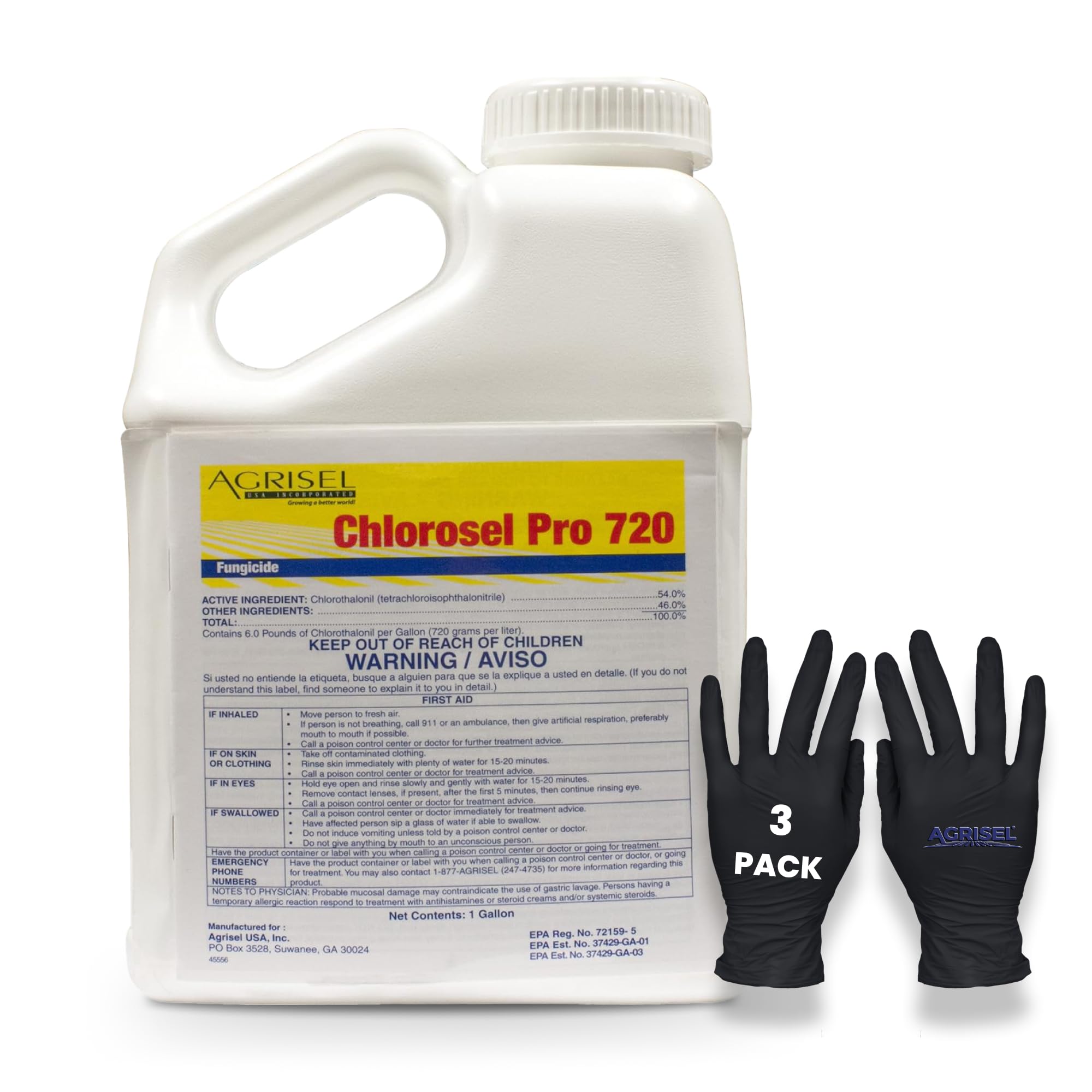 Chlorosel Pro 720, Versatile Disease Control, Rain-Resistant Formula, Effective on 100+ Crops, Ideal for Agriculture and Turf Care, Includes 3-Pack of Agrisel Protective Gloves, 128 Ounces