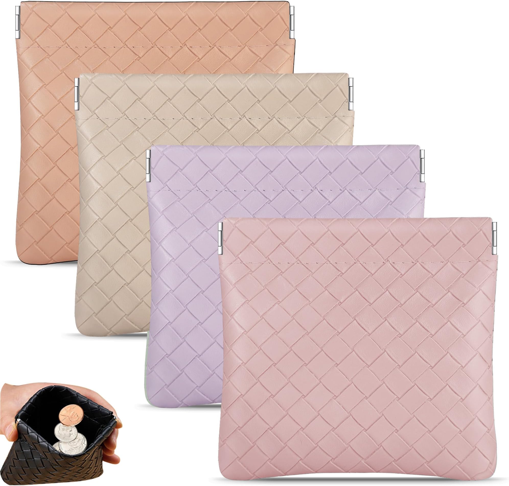 4 PCS Small Makeup Bags & Coin Purse Pouch, Snap Squeeze Woven Faux Leather Small Pouch Purse Organizer for Women, Mini Lipstick Holder Inside Purse Cosmetic Pouch (4.5x4.5in)